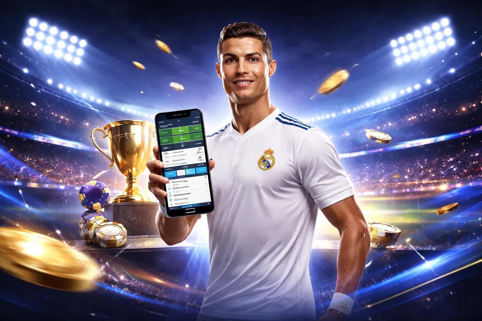 Sân vận động với ánh đèn rực rỡ và logo 8xbet, biểu tượng của cá cược thể thao đỉnh cao.